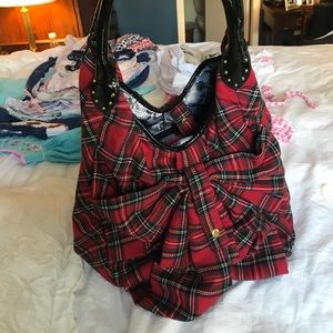 Betsey Johnson plaid bag with black patent handles